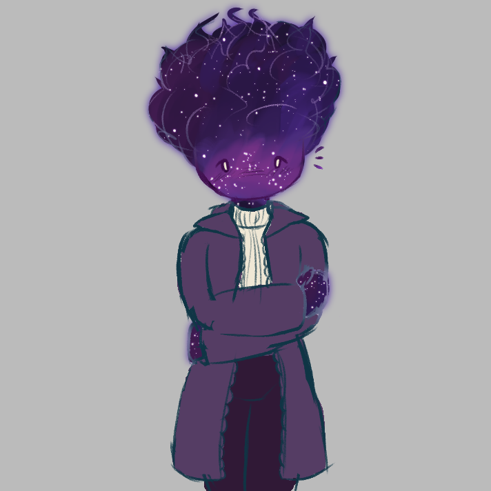 a person made of deep purple stardust. clouds are rising from his head in a manner similar to smoke, and he has a mildly surprised expression.