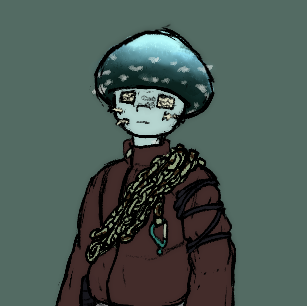 a mushroom person with light aqua skin and a deep teal to bright aqua gradiented mushroom cap. white fragments of mushroom veil are present on his face and cap.