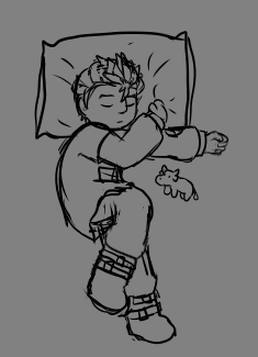 a sketch of artemy burakh from pathologic, asleep with his head on a pillow. there's a small bull toy next to him. 